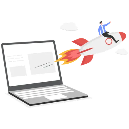Casual businessman on rocket using telescope  Illustration