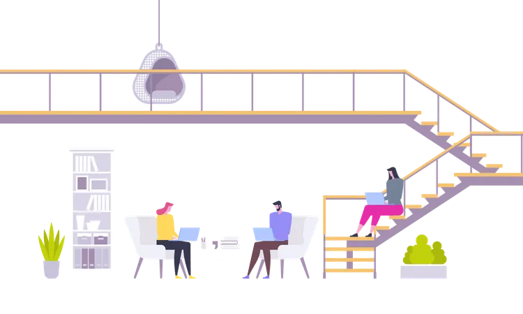 Coworking Office Interior With Casual People Working Casual Businesspeople Group In Coworkers Center Flat Vector Illustration Illustration