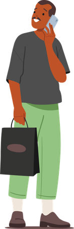 Casual guy  carrying shopping bag calling by mobile phone  Illustration