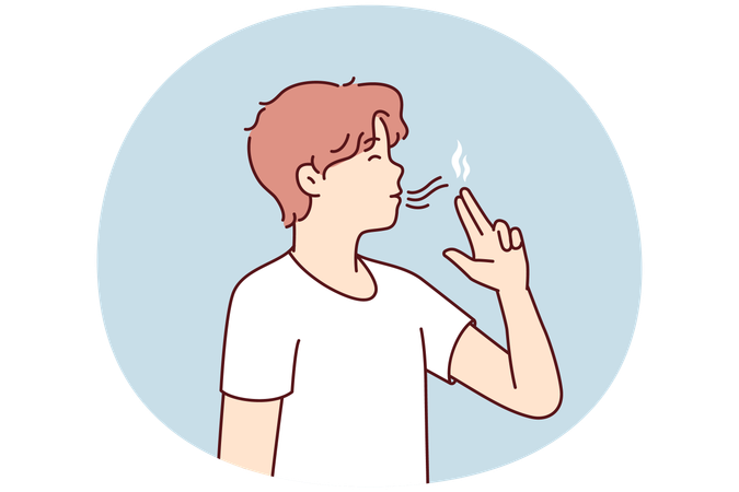 Casual guy teenager puts fingers to lips depicting gun and lights invisible cigarette  Illustration