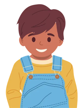 Moda casual e moderna, menino pré-escolar, personagem de desenho animado, retrato sorridente e amigável  Ilustração