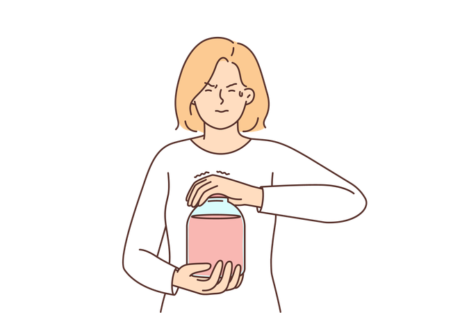 Una mujer débil casual abre un frasco de jugo  Ilustración