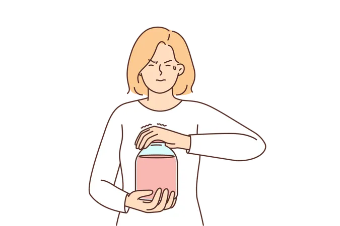 Una mujer débil casual abre un frasco de jugo  Ilustración