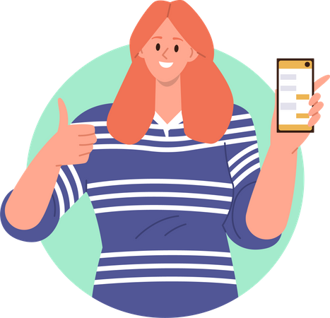 Casual smiling young woman showing smartphone  일러스트레이션