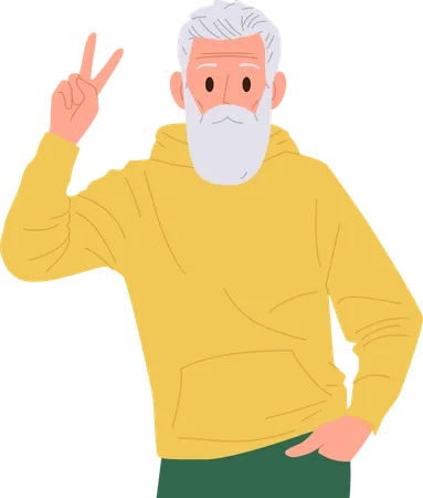 Casual stylish confident senior man gesturing victory sign  Illustration