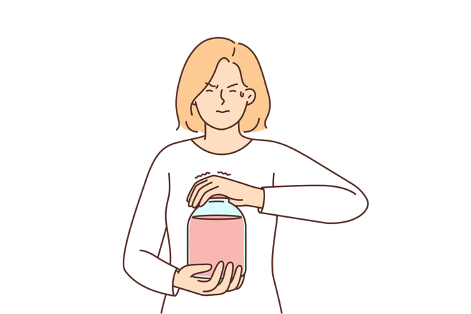 Casual weak woman opens jar of juice  일러스트레이션