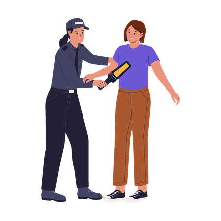 Casual Woman Undergoing Security Check with Handheld Body Scanner  Illustration