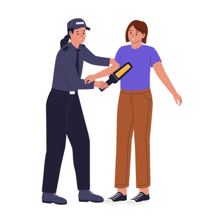 Casual Woman Undergoing Security Check with Handheld Body Scanner  Illustration