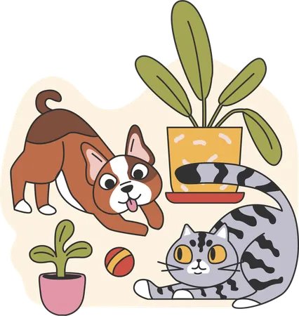 Cat and dog playing together  Illustration