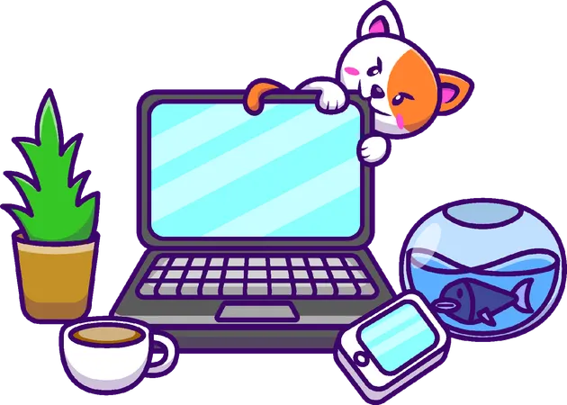 Cat And Laptop  Illustration