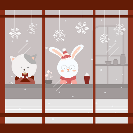 Cat and rabbit sitting drinking coffee in the cafe  Illustration