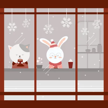 Vector Of Final Winter With Cat And Rabbit Sitting Drinking Coffee In The Cafe Illustration