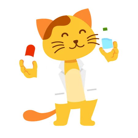Vector Flat Character Of Yellow Cat As Pet Doctor Illustration