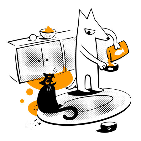 Cat asks the dog for food  Illustration