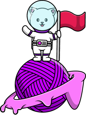 Cat Astronaut Holding Flag On Yarn Planet  Illustration