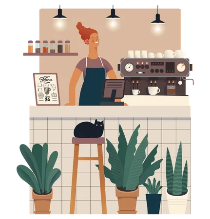 Cat Cafe Small Business Graphics Owner And Shop Elements Modern Flat Vector Concept Illustrations Man Wearing Apron Petting A Cat Interior Decoration Logo Menu Barista At The Counter Illustration
