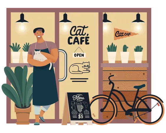 Cat cafe owner standing outside Illustration