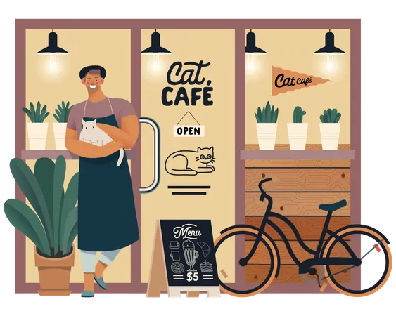 Cat cafe owner standing outside  Illustration