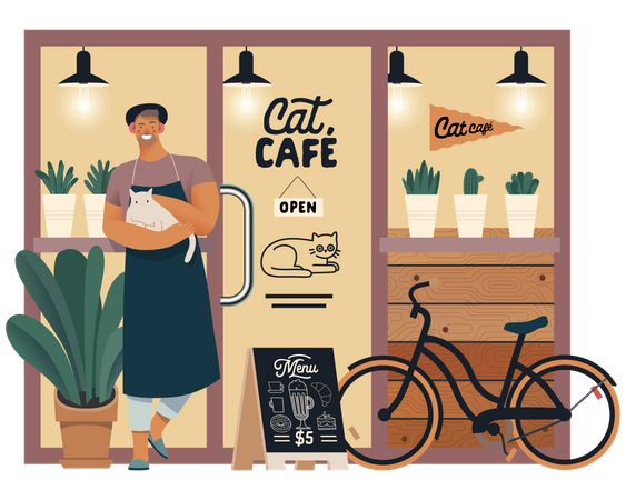 Cat cafe owner standing outside  Illustration