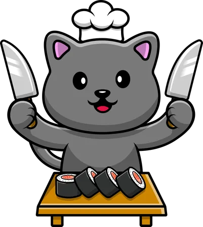 Chef Gatto Con Sushi E Coltello  Illustration