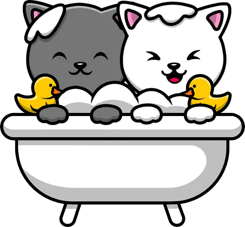 Cat Couple Bathing In Bathub  イラスト
