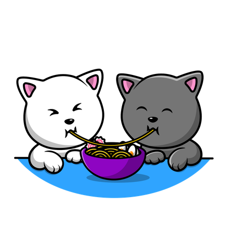 Cat Couple Eating Ramen Noodle  Illustration
