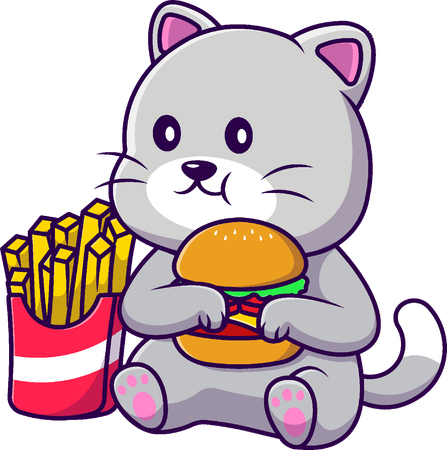 ハンバーガーとフライドポテトを食べる猫  イラスト