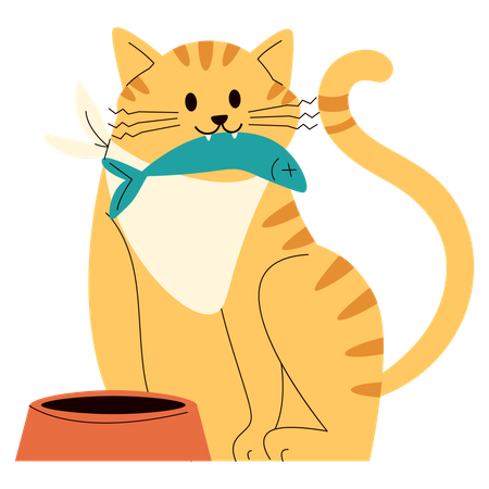 Cat Eating Fish  Illustration