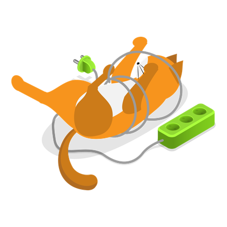 Cat entangled in electric plug wire  Illustration