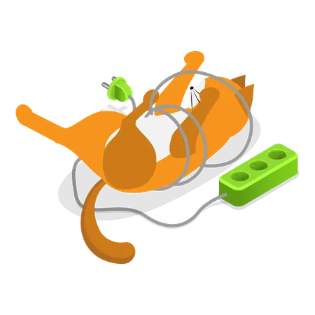 Cat entangled in electric plug wire  Illustration