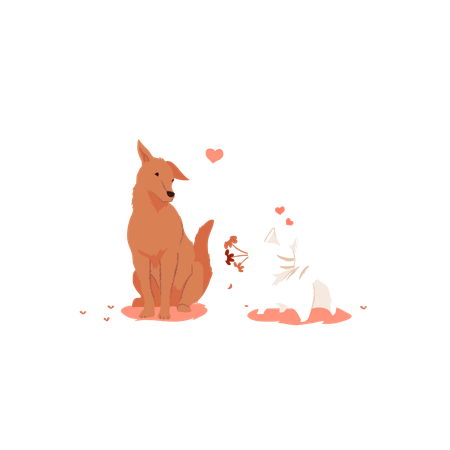 Cat Giving Flowers To Friend dog  Illustration