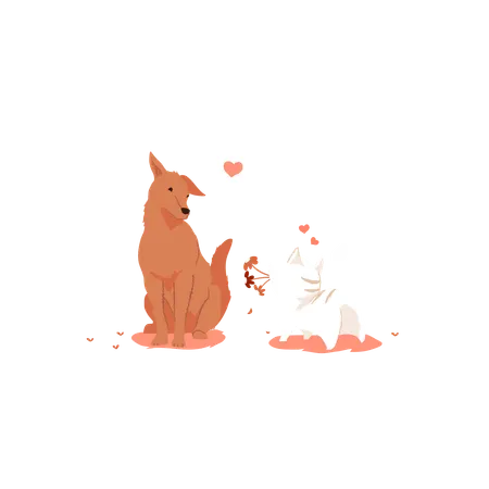 Cat Giving Flowers To Friend dog  Illustration