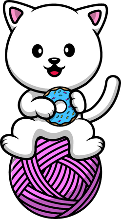 Cat Holding Doughnut On Yarn Ball  Illustration
