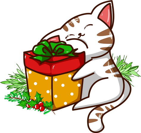Cat hug the Christmas present  Illustration