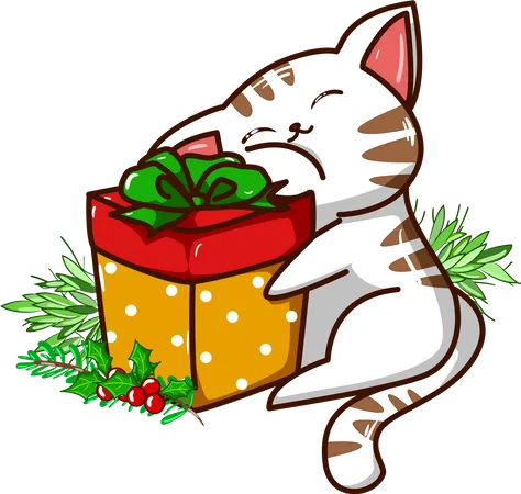 Cat hug the Christmas present  Illustration