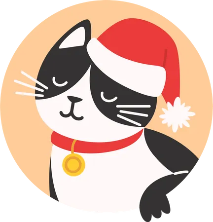 Portrait Of Black And White Cat In A Santa Hat Avatar In Flat Style Illustration