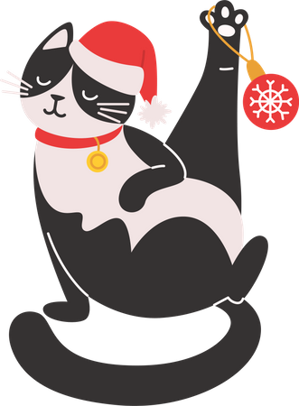 Cat in a Santa hat is playing wits a Christmas decoration  Illustration