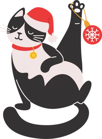 Cat in a Santa hat is playing wits a Christmas decoration  イラスト