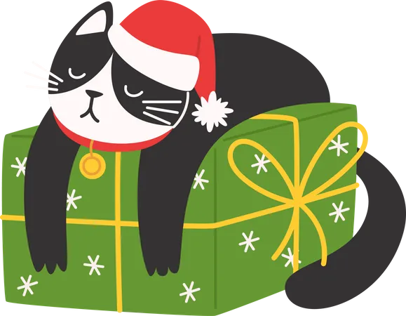 Cat in a Santa hat lies on the Christmas box  Illustration