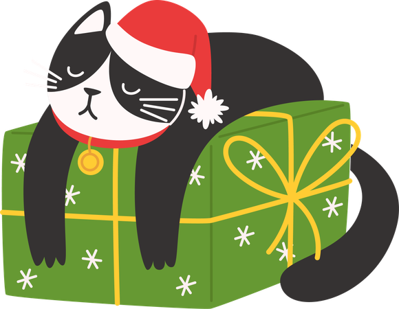 Cat in a Santa hat lies on the Christmas box  Illustration