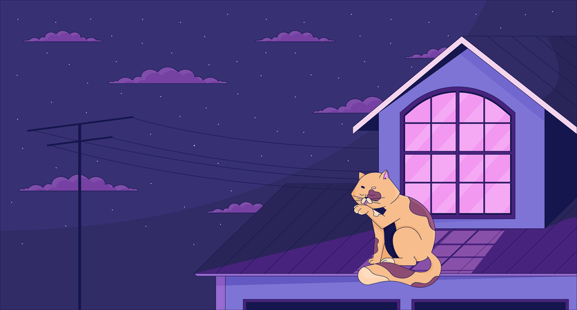 Cat licking paw on roof at night  イラスト