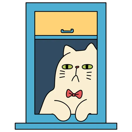 Window With Cat Cartoon Vector Illustration In Line Filled Design Illustration
