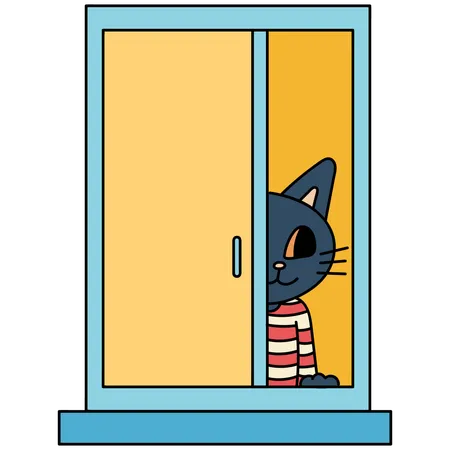 Window With Cat Cartoon Vector Illustration In Line Filled Design Illustration