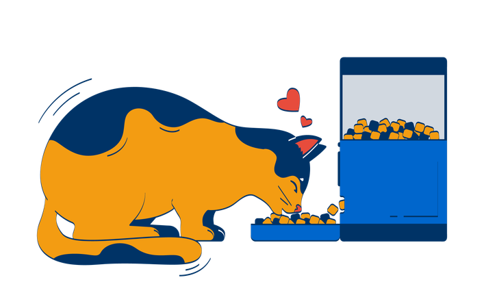 Cat lovingly eating from automatic feeder  Illustration