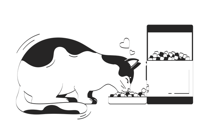 Cat lovingly eating from automatic feeder  Illustration