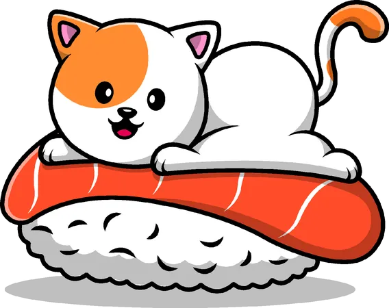 Cat On Sushi Salmon  Illustration