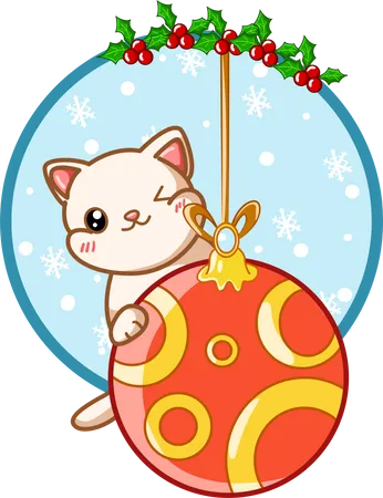 Cat on the Christmas ball with holly leaves  Illustration