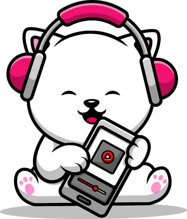 Cat Playing Music With Smartphone And Headphone  Illustration