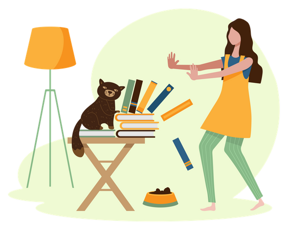 Cat Playing with books and girl trying to stop Illustration