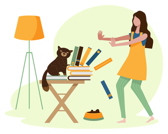 Cat Playing with books and girl trying to stop  Illustration